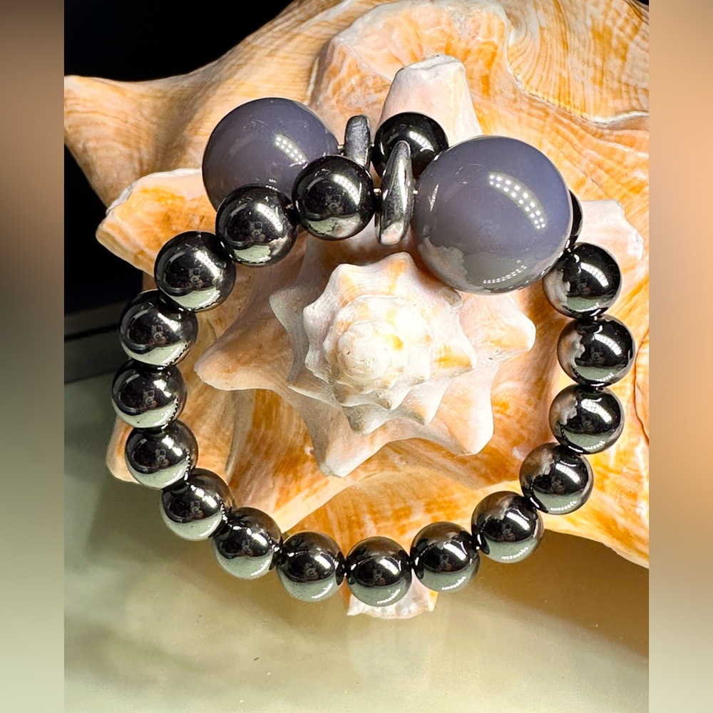 HEMATITE + GREY CHALCEDONY STONES CUFF BRACELET Size 7” up to 7.5”